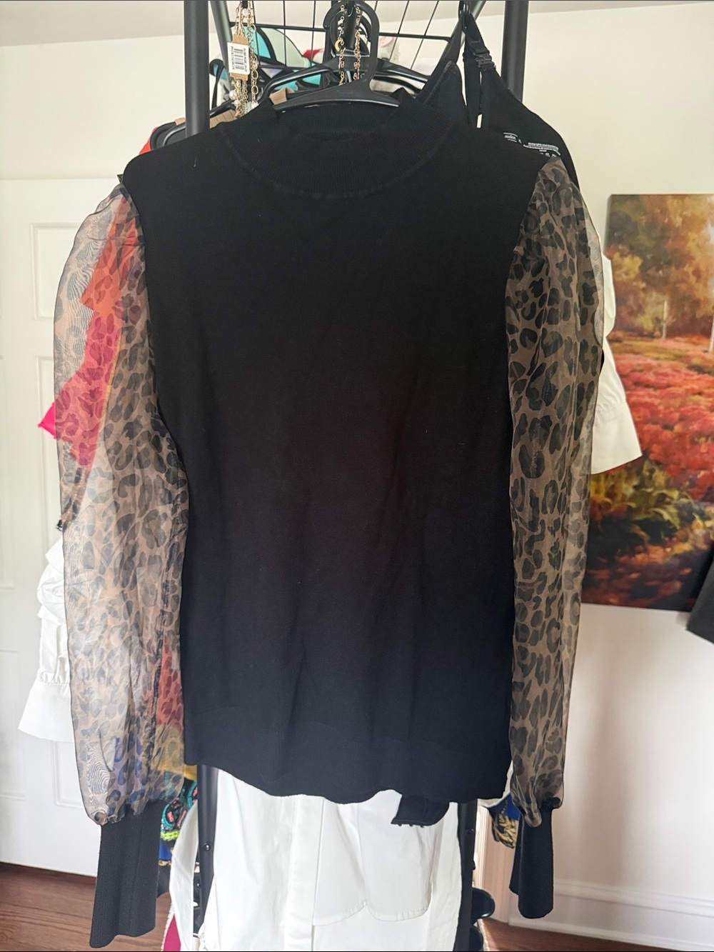 Black Sweater Top with Sheer Leopard-Print Balloon Sleeves